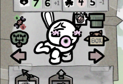 A screenshot of a Mewgenics cat with many bunny-like features and an eyeball for a mouth.