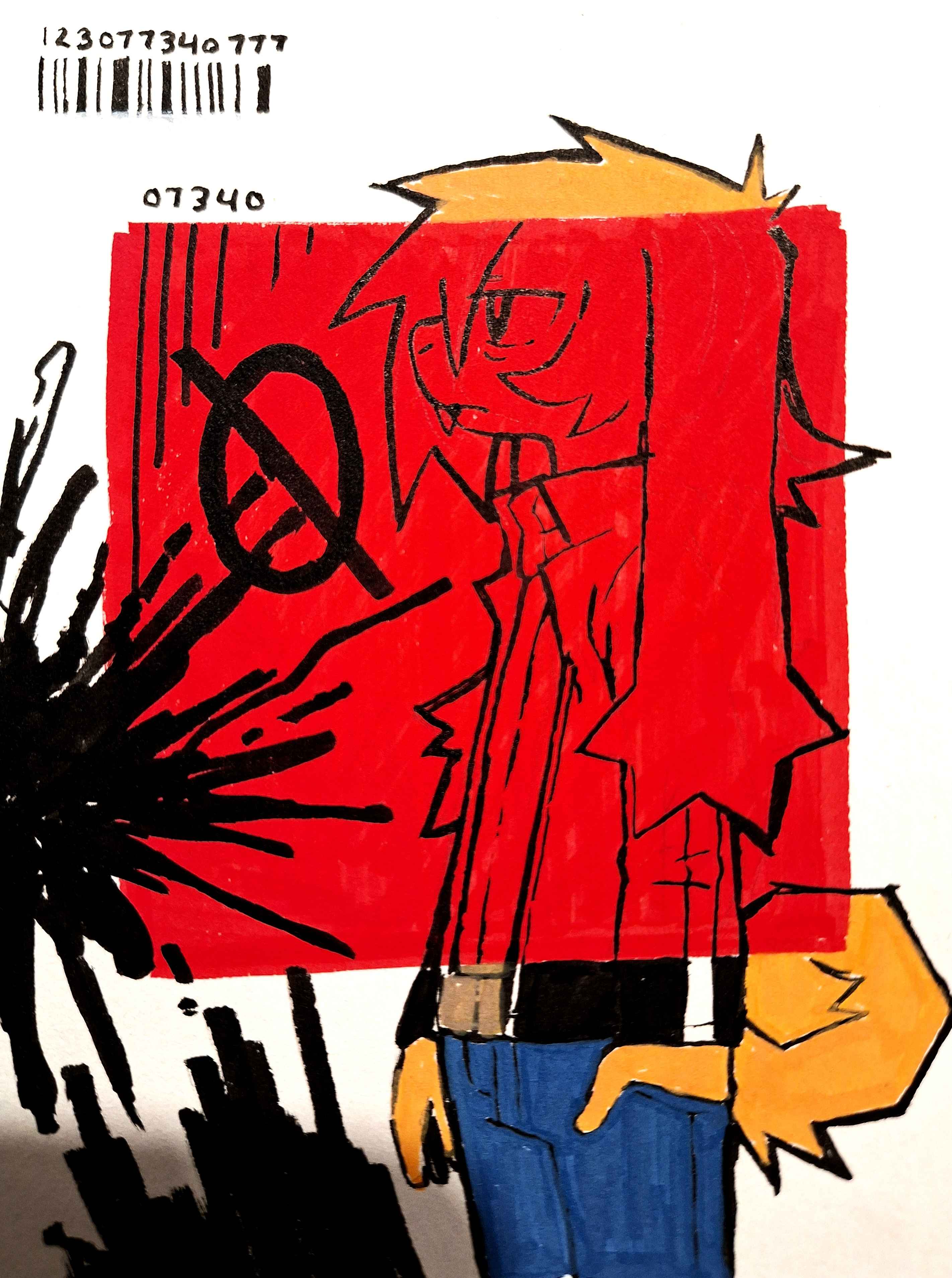 a yellow rabbit in a tracksuit jacket looking to the left, abstract background.