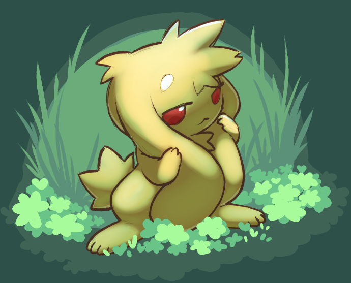 a yellow bunny in an overgrown field of grass and oxalis